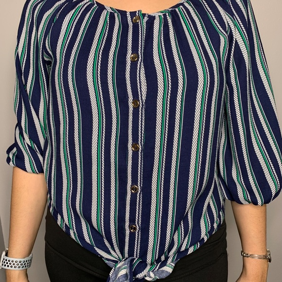 Navy Blue Striped Blouse - Size Small - Picture 6 of 9